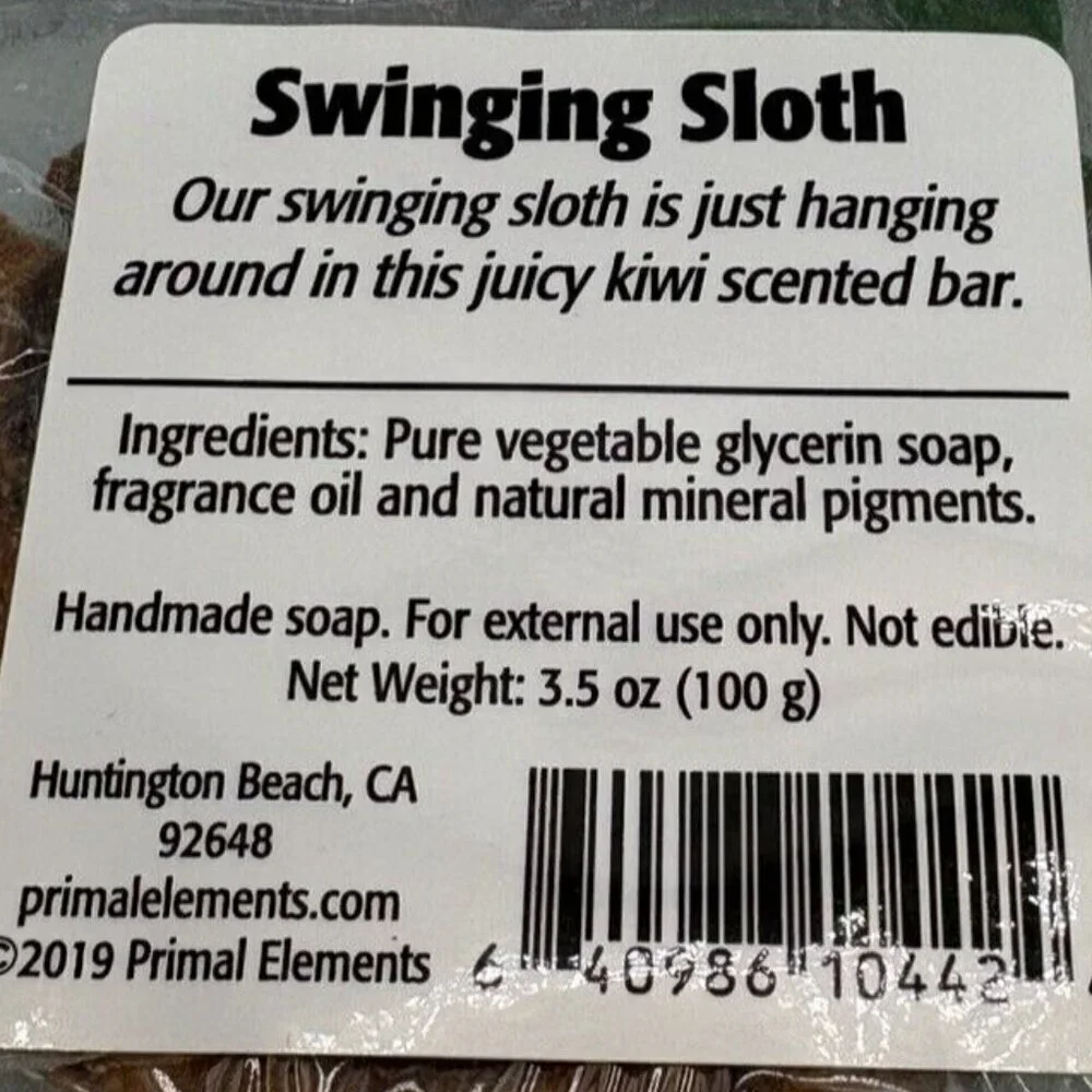 Primal Elements, SWING SLOTH Full Size Handmade Glycerin Soap